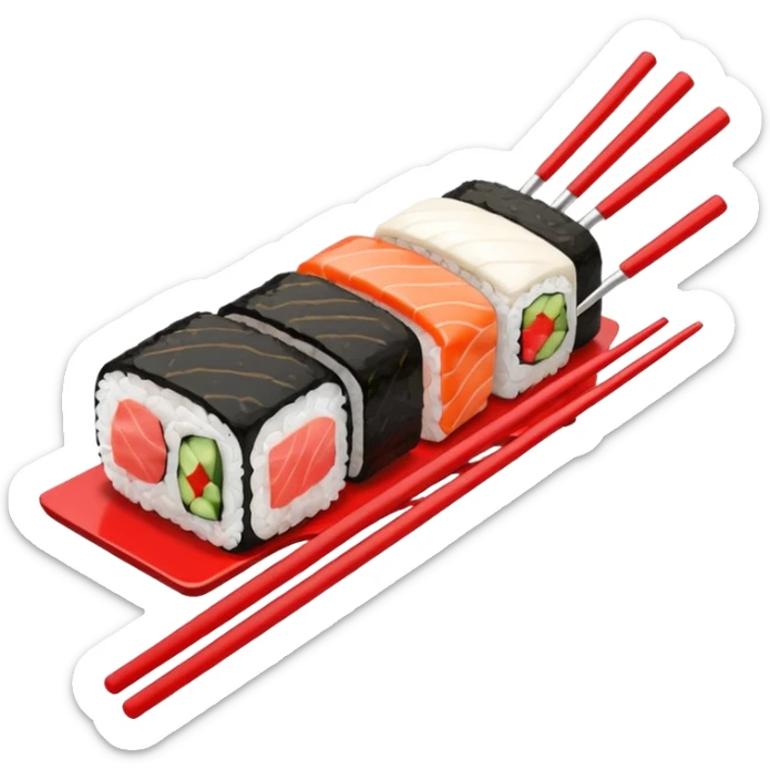 Japanese cuisine humanless avatar in minimalist emoji-style illustration. Sushi, roll and 2 chopsticks, clean lines, red white colors, flat design, calm and modern. sticker