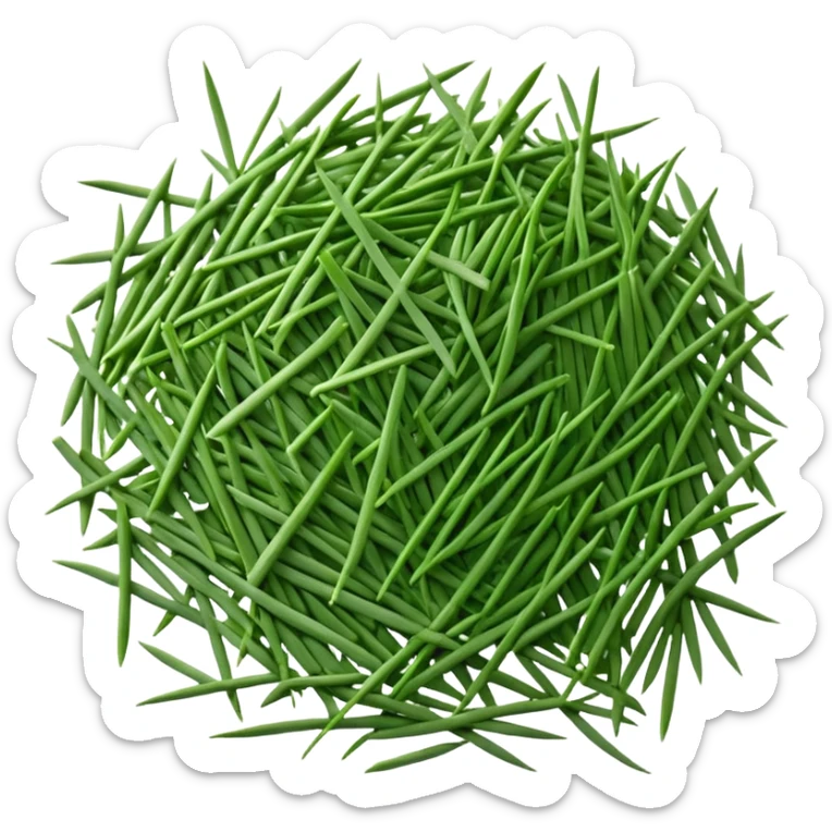 loose scatter of finely chopped dry green herb bits, short tubular shapes, crisp matte texture, uniform thin straight pieces, vibrant to muted green tones, evoking dried chive stalks, soft lighting, subtle shadows, emoji scale sticker