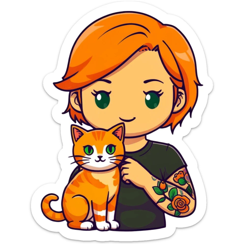 Blonde woman with tattoos and green eyes holding a orange tabby cat sticker