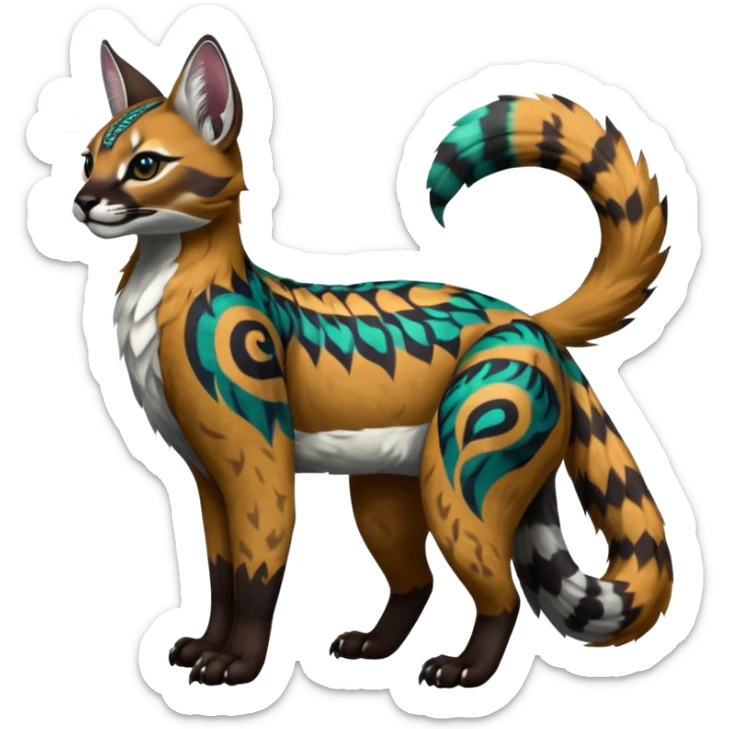 Colorful dark tropical tribal glorious divine exotic cute cool beautiful beautiful fantasy-caracal-civet-genet-sergal-vernid-Gryphon-Cacomistle-Trico-oncilla-animal-Fakémon-hybrid-fursona (full body) sticker