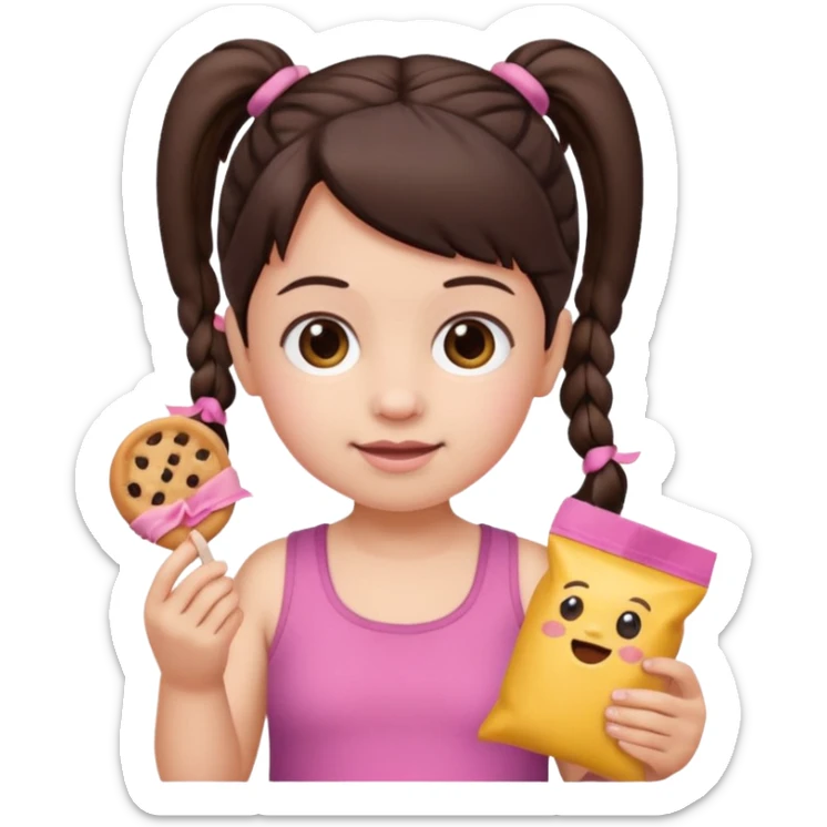 Toddler emoji with two pigtails dark brown hair, fair skin, in pink top, holding toddler snacks sticker