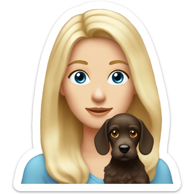 Old blue eyed blonde lady with long straight hair with dark brown Cockapoo puppy dog sticker