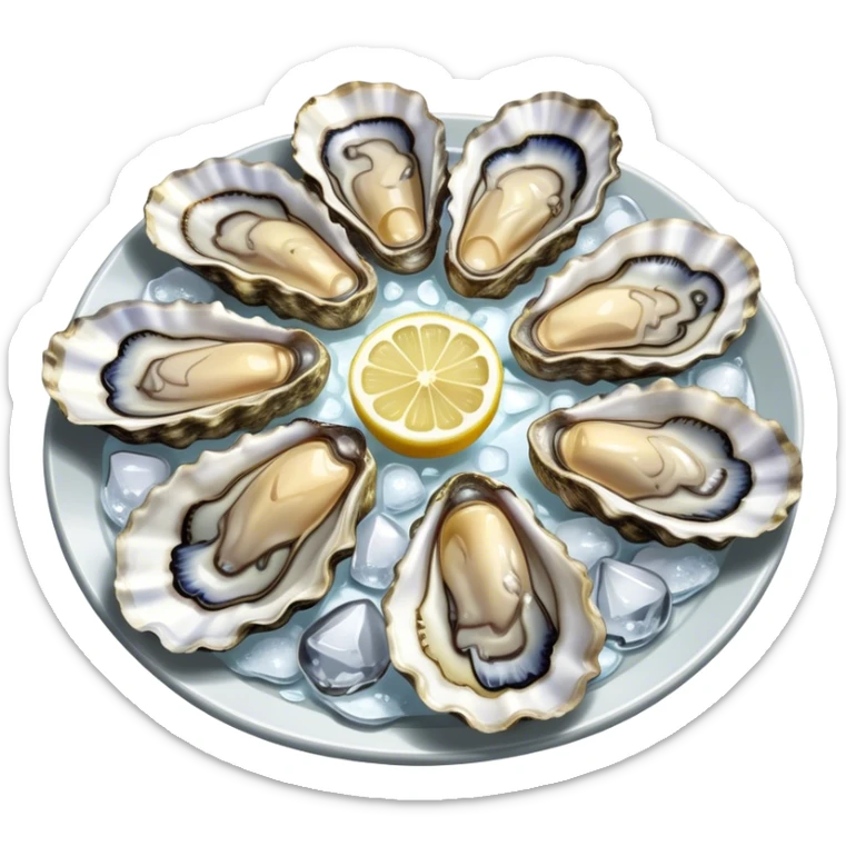 Cinematic fresh oysters on the half-shell, glistening with seawater, served with lemon wedges and ice, soft glowing highlights, elegant and luxurious. sticker