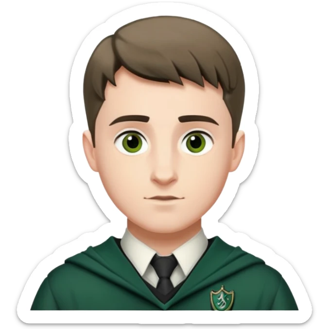 Scott Fern is Adrian Pucey  in harry potter, wear hogwarts slytherin uniform, crew cut hair sticker