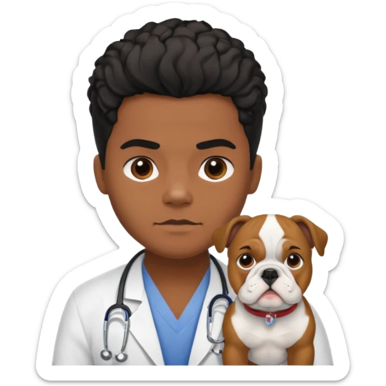 joven médico con el pelo un poco largo pero no tanto y lacio, que tenga un estetoscopio de color de piel tez negra calida !!! que sostiene un bulldog francés blanco sticker