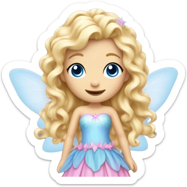 Fairy, a blonde hair with blue eyes and a pink dress with sparkly wings. White wings. The fairy has long, curly hair with a lot of volume sticker