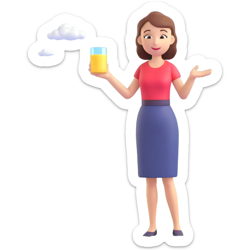 woman demonstrating a product to customers outdoors, with a sunny sky and green grass sticker