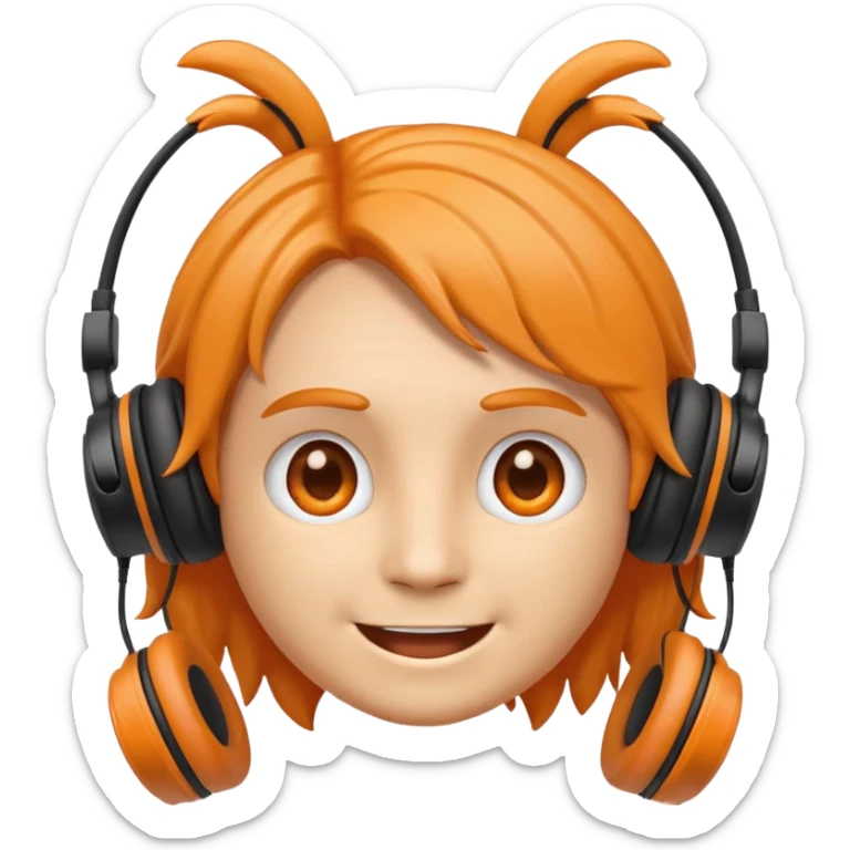 Orange happy face emoji with a couple of hair,headphones,and antennas. sticker