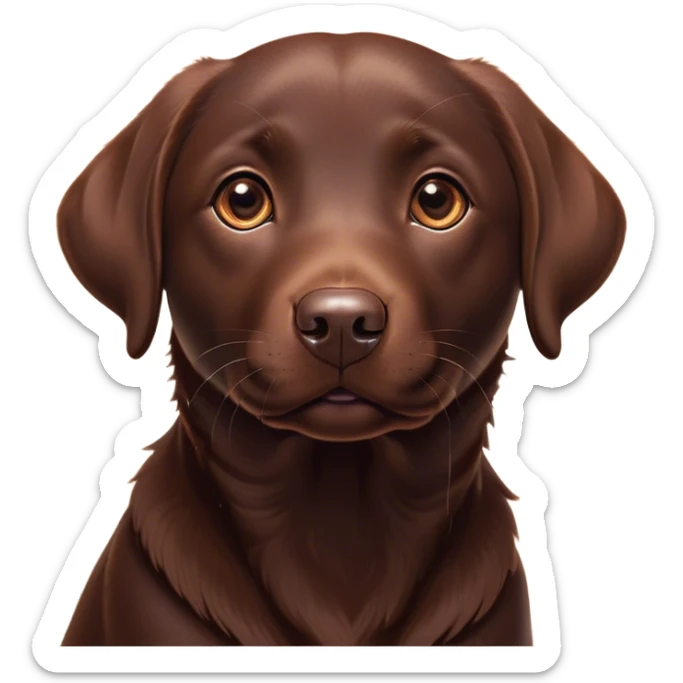 Cinematic Cute Chocolate Labrador Portrait Emoji, Head tilted playfully and inquisitively, featuring a sleek chocolate Fur with a lustrous sheen, round, sparkling brown eyes filled with curiosity, Simplified yet irresistibly adorable features, highly detailed, glowing with a warm, friendly glow, high shine, affectionate and spirited, stylized with a touch of whimsy, bright and endearing, soft glowing outline, capturing the essence of a mischievous yet loving companion, so playful it feels like it could dash out of the screen and into your arms! sticker