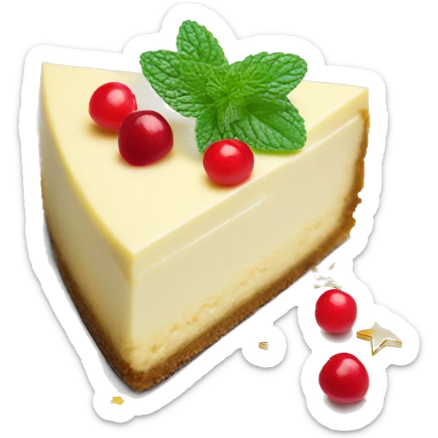 Festive cheesecake slice topped with red berries, edible gold stars, and a sprig of mint sticker