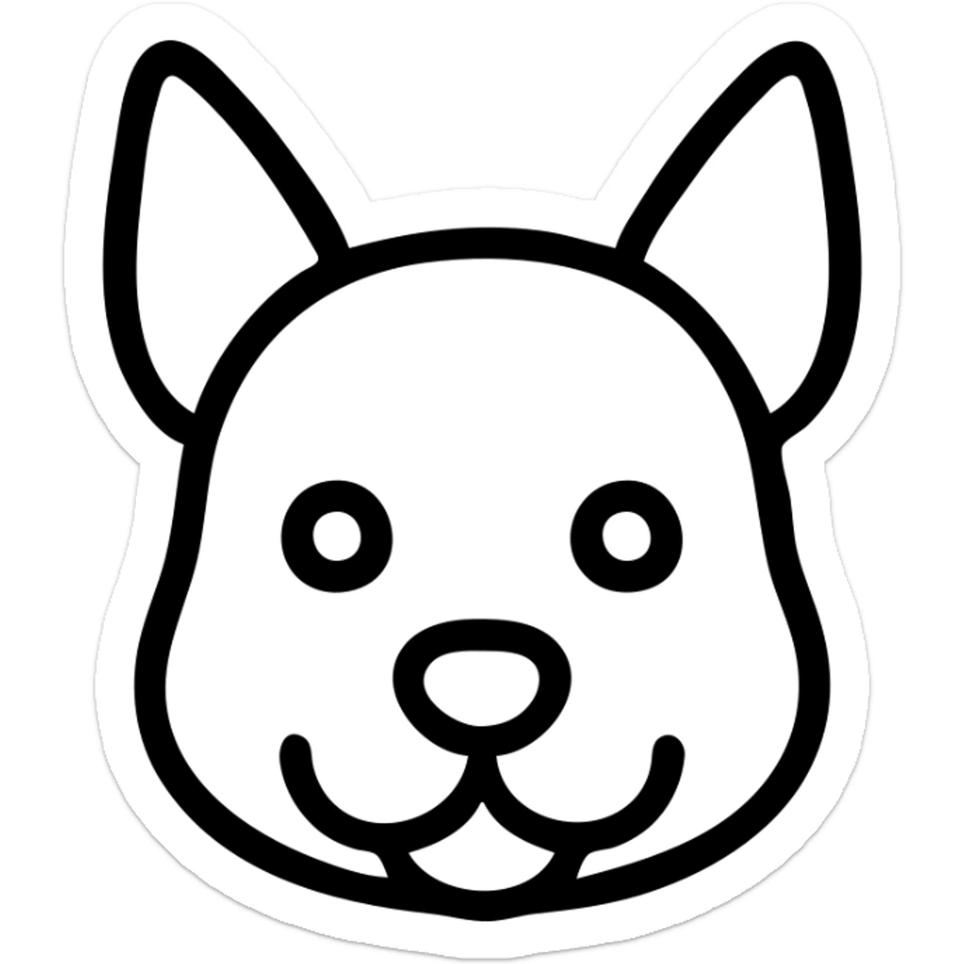 cute cartoon black and white outline of a dog's head, pointed ears, round snout, big round eyes, clean and simple lines, minimalist style sticker