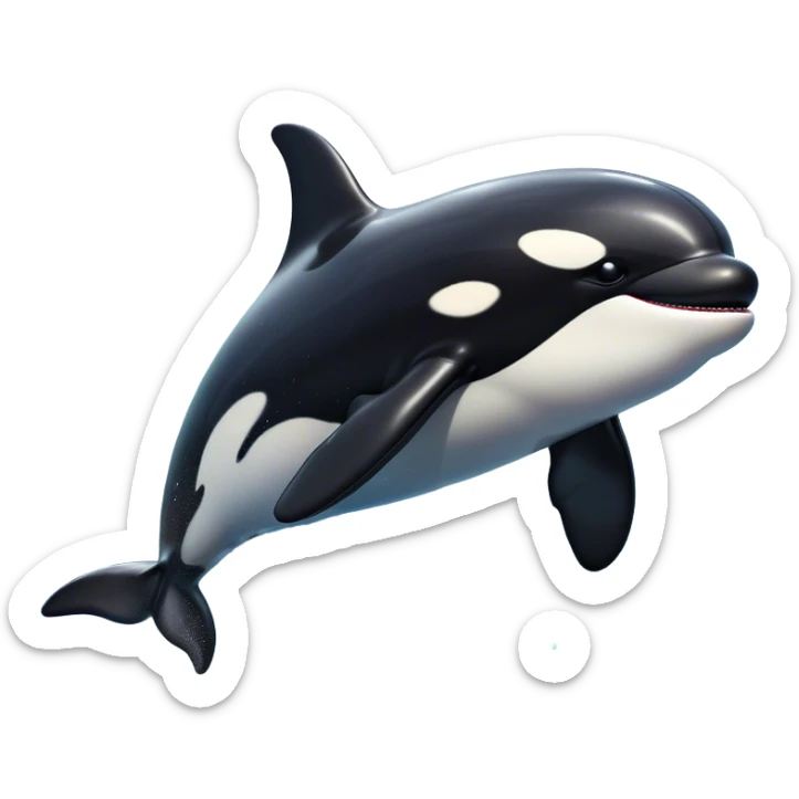 Meme-Worthy Breaching orca Portrait Emoji, Bursting powerfully out of the ocean with an impressive, high-energy leap, showcasing a sleek black-and-white body glistening with water droplets and dynamic, arched posture, Simplified yet exhilaratingly expressive features, highly detailed, glowing with a vibrant marine energy, high shine, bold and full of life, stylized with an air of untamed ocean spirit, soft glowing outline, capturing the essence of an orca mid-breach, radiating pure, unstoppable aquatic power! sticker