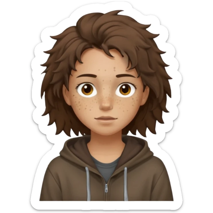 Hobo tomboy with light skin, freckles, dark brown shoulder-length hair in a messy style. Brown eyes, dark brown hoodie, brown shirt. sticker