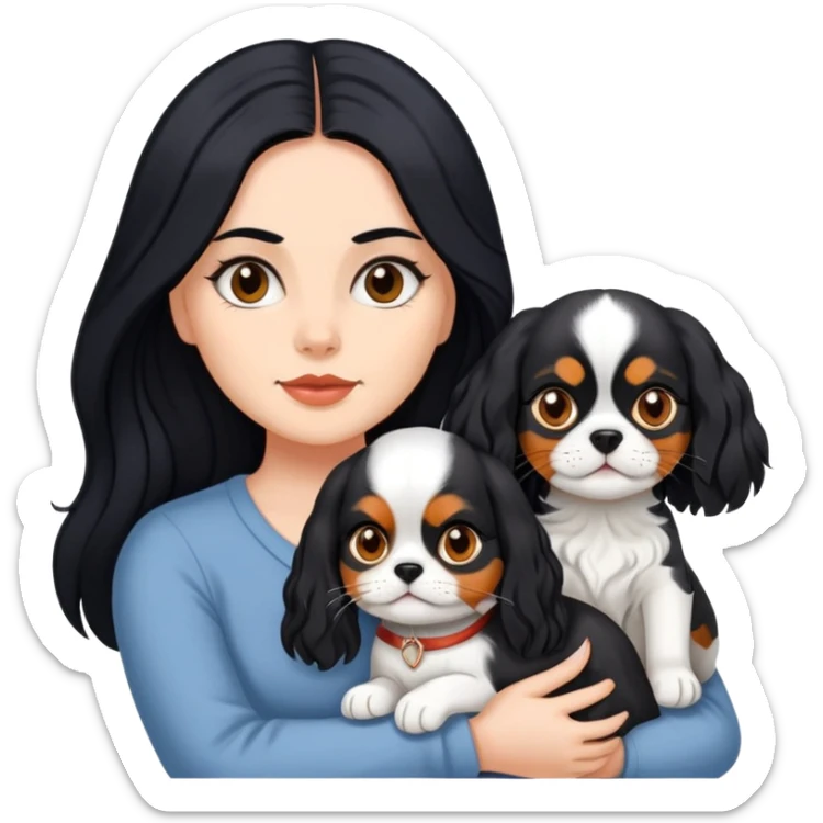 woman with long black hair holding an American Shorthair cat and a Cavalier King Charles Spaniel dog sticker