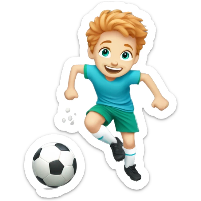Little boy with blue/turquoise eyes and strawberryblonde hair playing soccer, kicking a ball with a joyful expression, showing movement and excitement. sticker