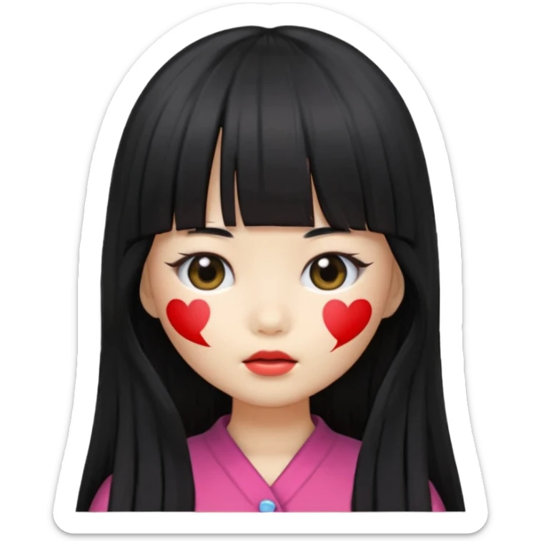 girl with long black hair, Korean style bangs covering her face, doll emoji style sticker