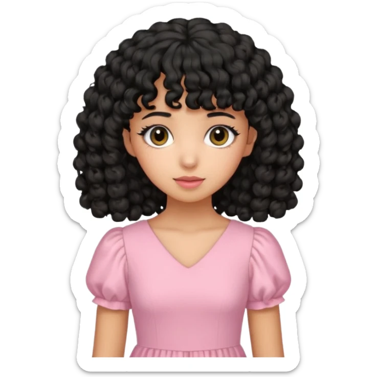 uma menina de pele oliva e cabelos pretos encaracolados e com franja encaracolada e um vestido rosa pastel sticker