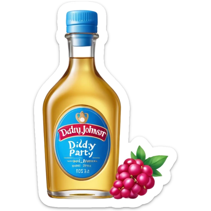 bottle of oil blue top pink outside with logo that says Diddy Party oil Johnson and Johnson  brand with a smiling berry on top sticker