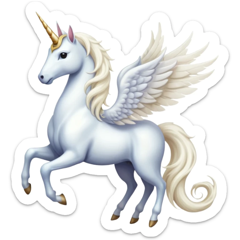 Cinematic Noble Unicorn with wings, slender with a flowing mane and tail and spiraled horn sticker