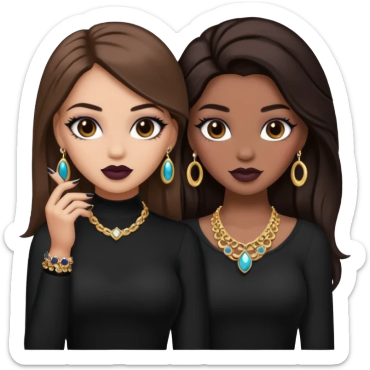 Boujy baddie best friends, trendy heavy makeup both dark hair one light skinned and one mocha brown pretty hair style both wearing black and jewelery  sticker