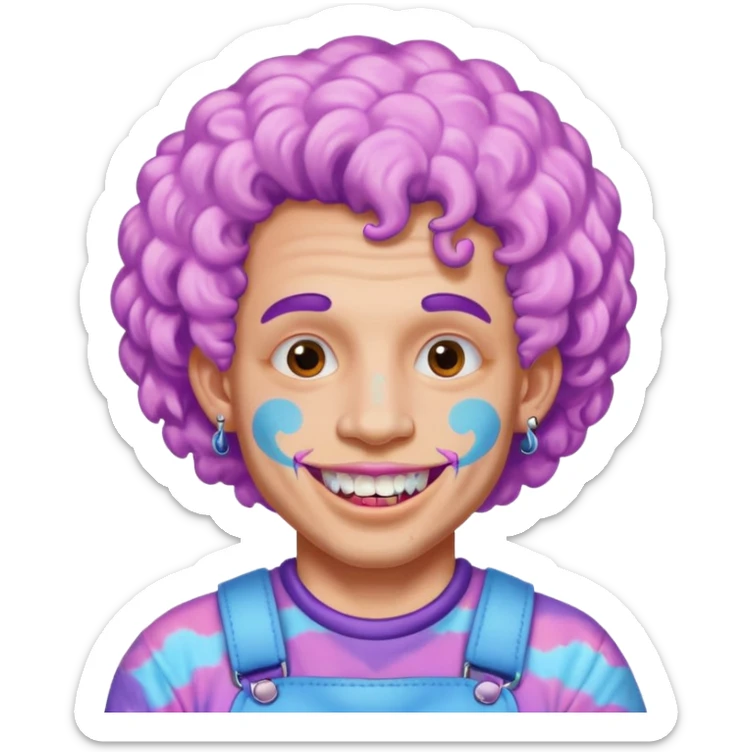 very cheerful colorful puffy violet curly haired man made out of cotton candy wearing teeth-braces and tattoos and face tattoos just face  sticker