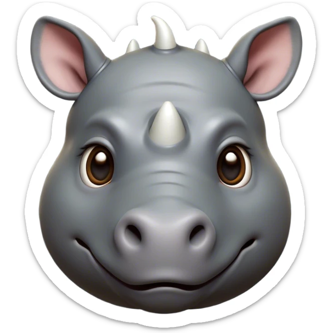 Cinematic Cute Rhinoceros Portrait Emoji, Head tilted playfully and inquisitively, featuring a rugged, glossy slate-gray hide with a gentle, rounded horn and round, sparkling eyes filled with curious wonder, Simplified yet irresistibly adorable features, highly detailed, glowing with a warm, friendly glow, high shine, affectionate and mighty, stylized with a touch of ancient charm, bright and endearing, soft glowing outline, capturing the essence of a mischievous yet loving rhinoceros, so playful it feels like it could stomp out of the screen and into your arms! sticker