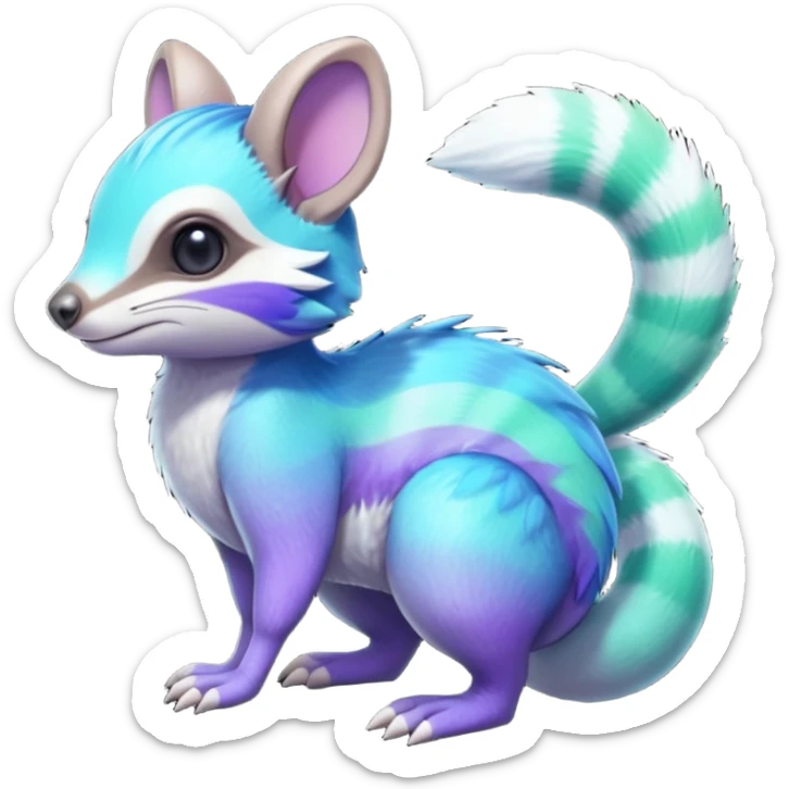 Iridescent Neon Green-Cyan-Blue-Purple-gradients Minccino-Numbat-Sergal-fusion-hybrid-animal-creature, full body sticker