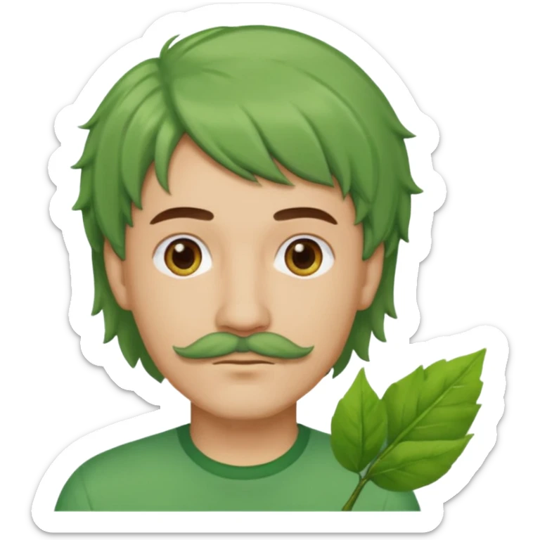 The Tree of Wisdom of The Wiggles with light skin, brown eyes, green leaves wig and thin mustache, green shirt sticker