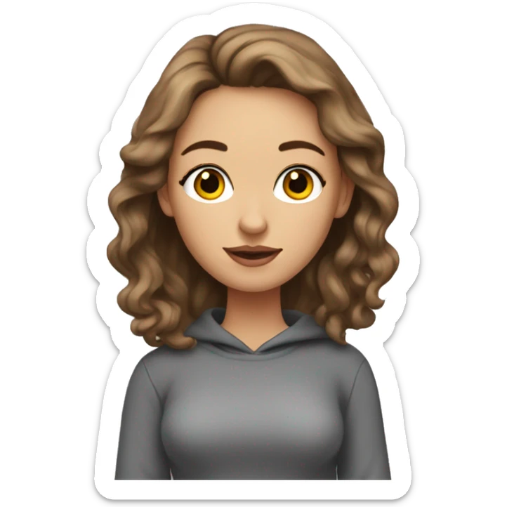 a white woman with eyelashes and long brown wavy hair. wearing a grey sweatshirt and black short skirt and holding books sticker