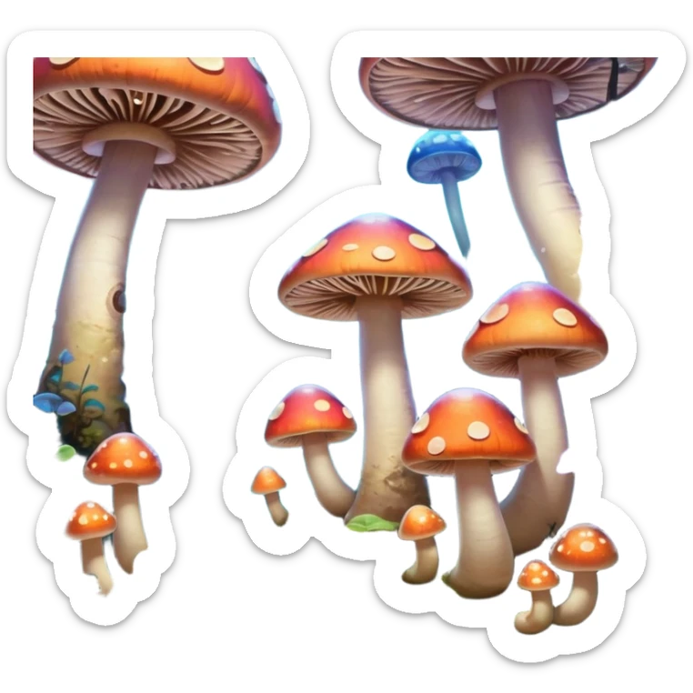  "A whimsical mushroom world filled with giant glowing mushrooms, soft bioluminescent spores floating through the air, and friendly oversized snails with colorful spiral shells exploring the landscape. Fantasy atmosphere, vibrant colors, dreamy lighting, highly detailed sticker