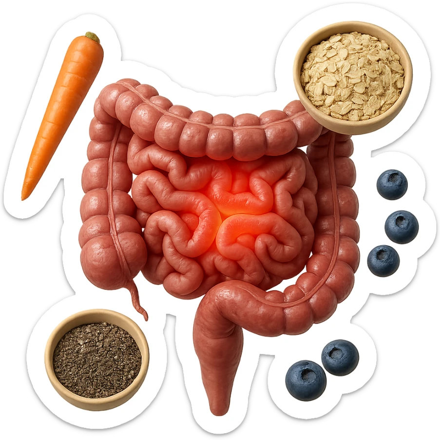 intestino umano anatomico infiammato al centro con carota, bowl di avena, mirtilli, bowl di semi di chia che gli fluttuano intorno , iperrealistico 4k sticker