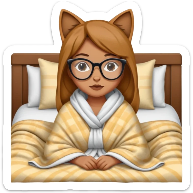 Wanita berkulit sawo mateng, pakai kacamata berbentuk mata kucing, menyelimuti diri dari kelapa sampe kaki sambil duduk di tempat tidur sticker