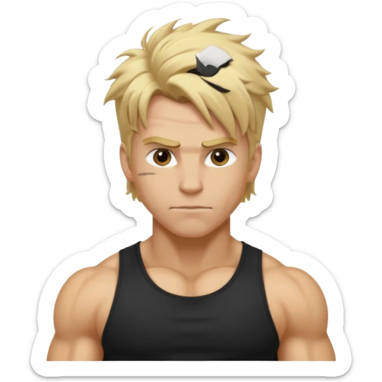 Gym rat with blond hair and black t shirt, and messy hair. And muscular sticker