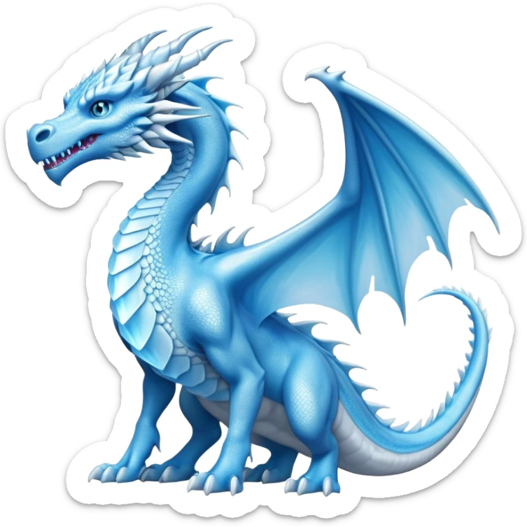 Cinematic Noble wise elegant Ice Dragon full body  Emoji, Poised and imposing, distinct long elegant snout, with a slender, scaled body shimmering in glacial hues of icy blue, frostbitten silver, and crystalline white, breathing out frost, with piercing, glowing ice blue white eyes that radiate the chilling depths of an arctic storm; rendered in detail. excuding wisdom sticker