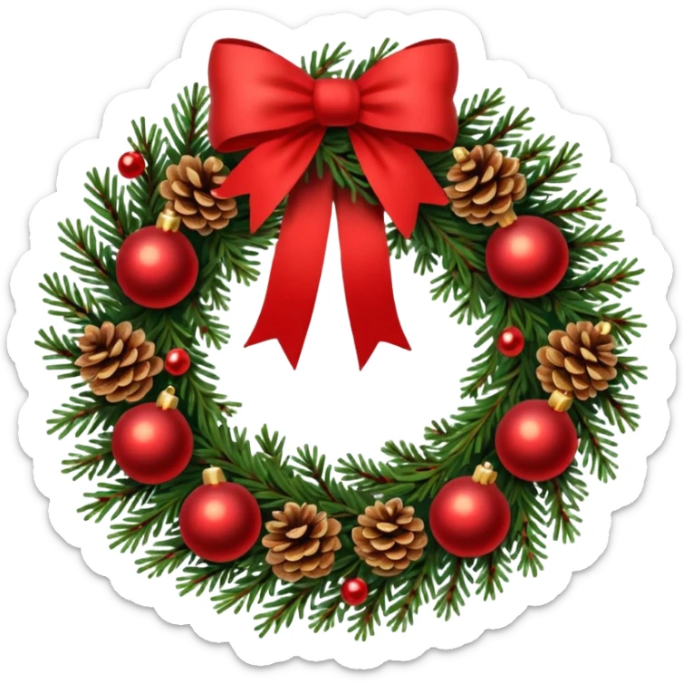 A Christmas wreath made entirely of fir trees, decorated with a single red bow at the bottom, pine cones, and Christmas tree balls. sticker