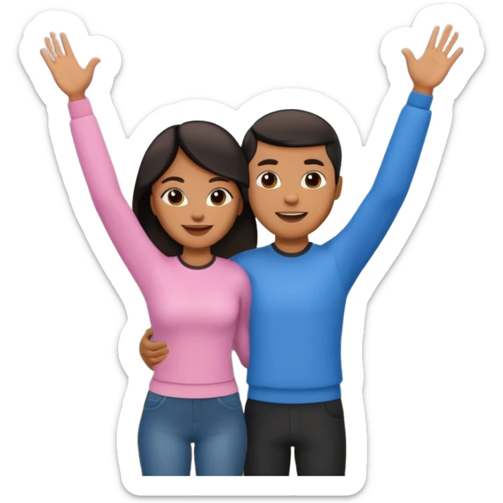A 3D cartoon couple on top of a hill raising hands in victory, sunny sky and nature background, Memoji-style. inside photo frame. sticker