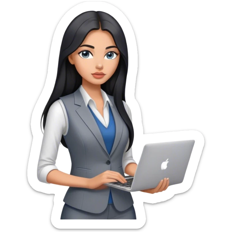 Glamours tanned very beautiful girl with pump peach nude lips and black straight smooth long hair, blue-grey eyes in grey v-neck suit vest only vest with MacBook sticker