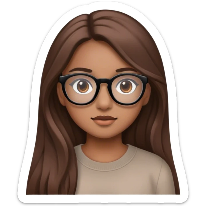 girl with a very light brown skin, long brown hair, brown eyes and black glasses sticker