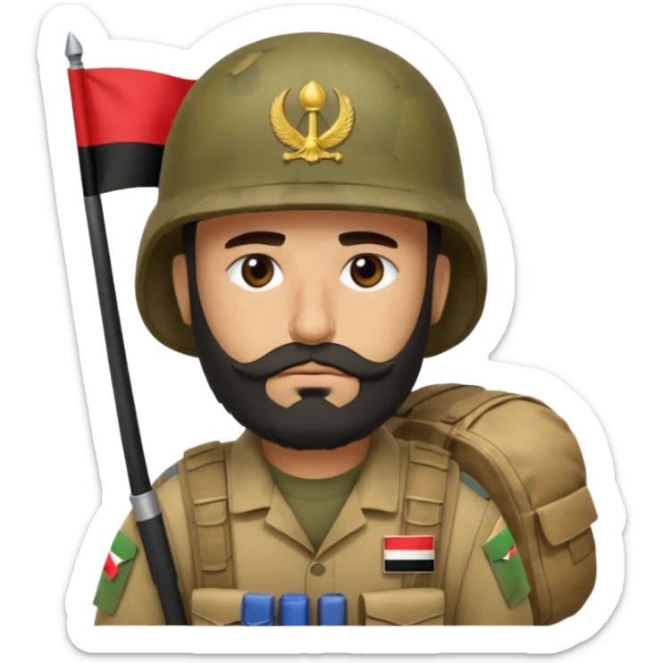 A very tired and sad, swarthy Iraqi soldier with a beard, an Iraqi flag on his helmet, a sad expression and bags under his eyes sticker