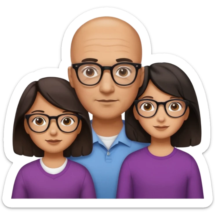 Papà calvo con occhiali, mamma capelli neri occhi marroni no occhiali, figlia capelli marroni mossi e occhiali tartarugati con montatura spessa occhi marroni, figlia capelli lisci marroni occhiali neri con montatura grande e fina occhi marroni  sticker