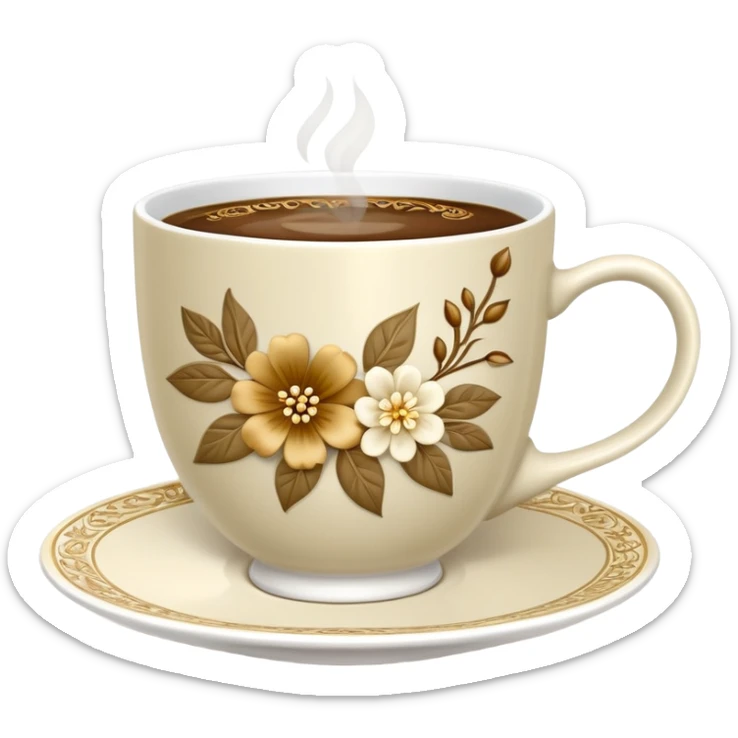 Cinematic Realistic sophisticated cup filled with khaki coffee with flower ornament sticker