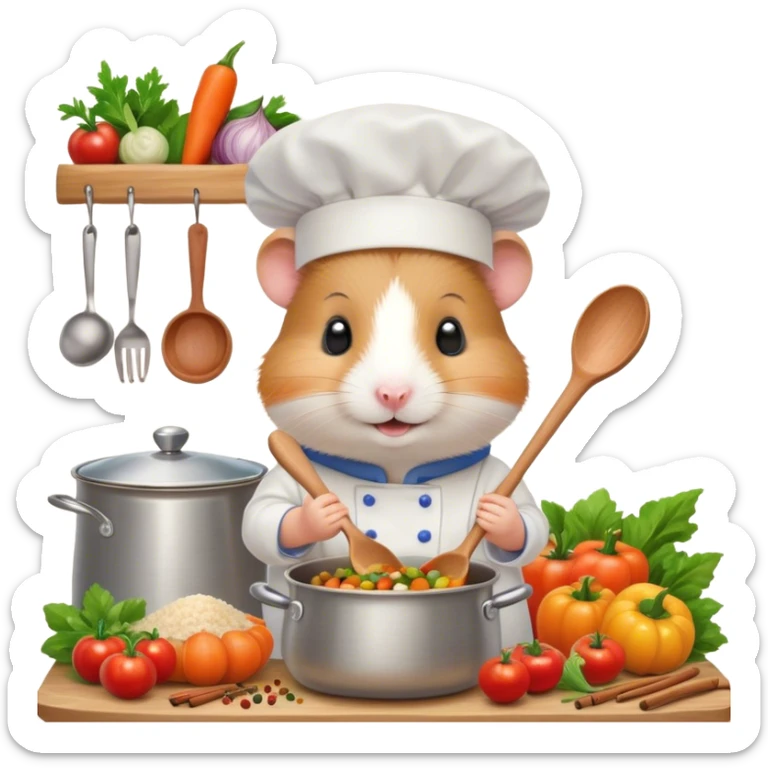 A cute hamster wearing a chef's hat, stirring a pot of colorful plov with a wooden spoon in a cozy kitchen, surrounded by vegetables and spices, smiling happily. sticker