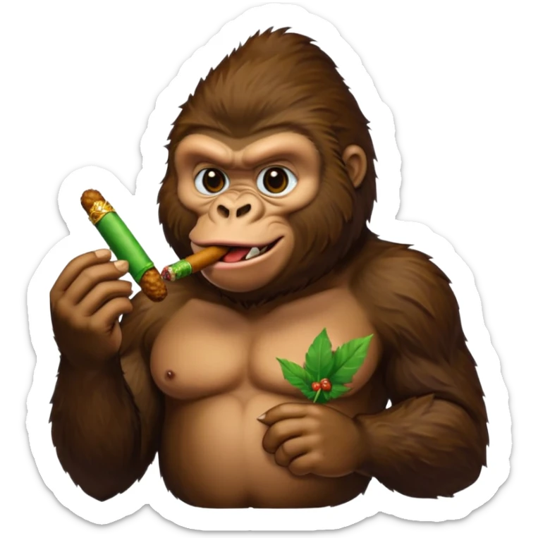 make a gorilla eating fried chicken in one hand and a cigar with green filling inside it in the other hand sticker