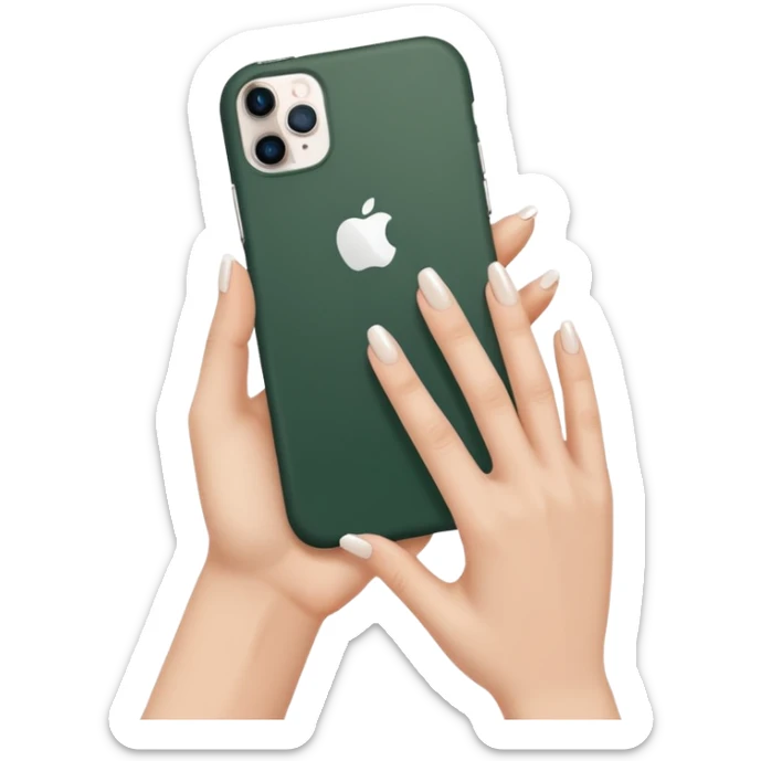 female hand with nude manicure (5 fingers) holding a white iPhone in a dark green case, minimalism, clean background sticker