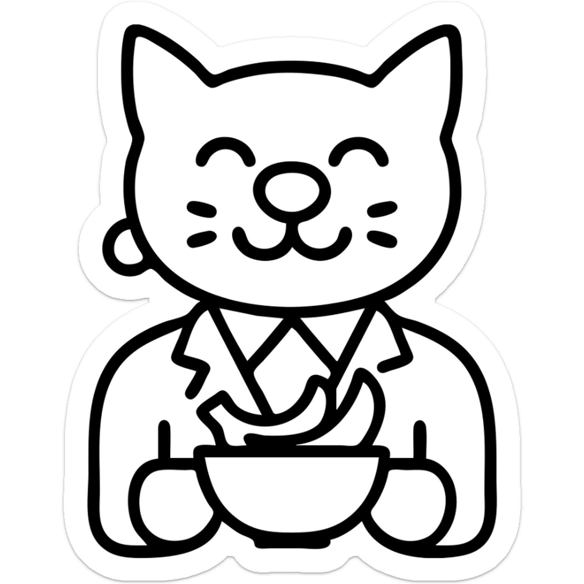 cat with a dog nose, wearing a suit, earring, holding a cup of bananas, playful expression sticker