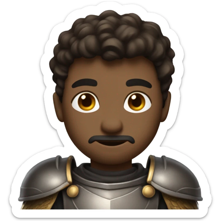 A knight with a scar on his cheek, a rough and coarse face dark brown short hair fair skin and a 6’5” figure muscular sticker