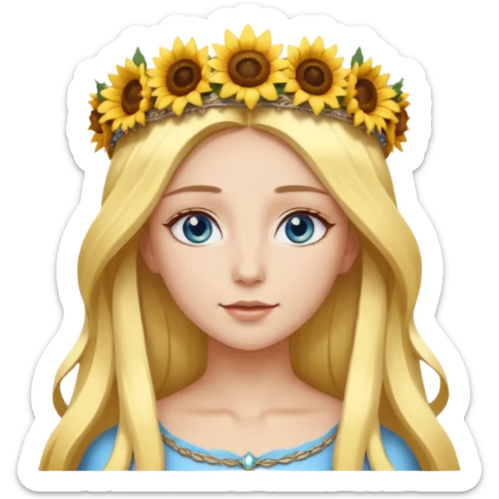 portrait woman long blonde hair blue eyes white skin wearing sunflower halo crown sticker