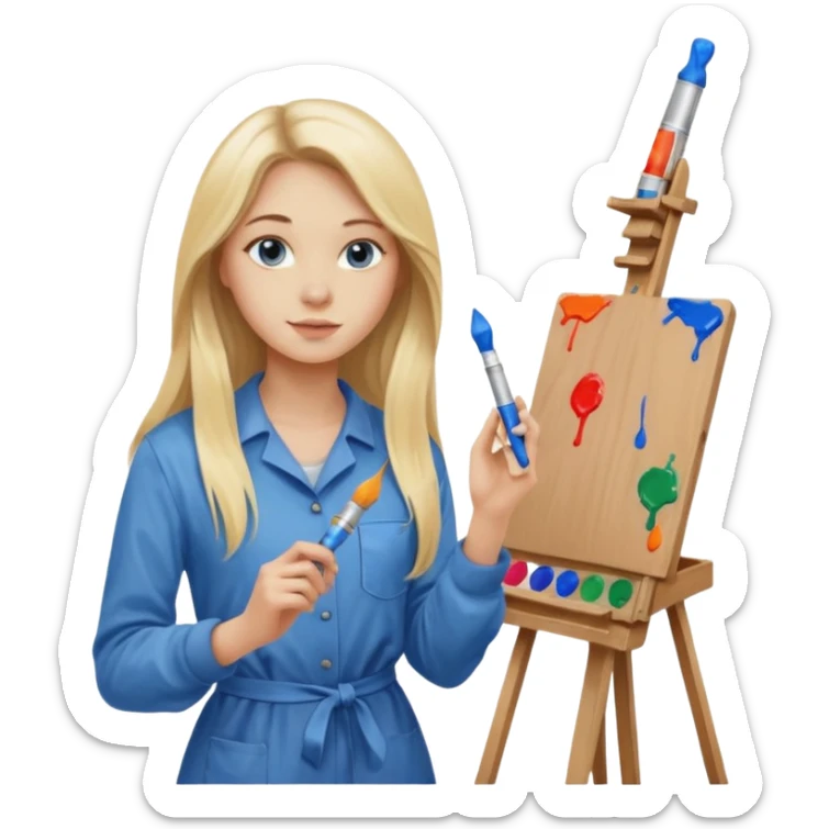 female artist, 20 years old, blonde with long hair, blue eyes, beautiful, confident, thin. In the hands of paints, she is near the easel, 20th century sticker