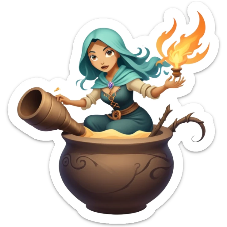 Baba Yaga sorceress woman flying in a mortar, magical aura sticker