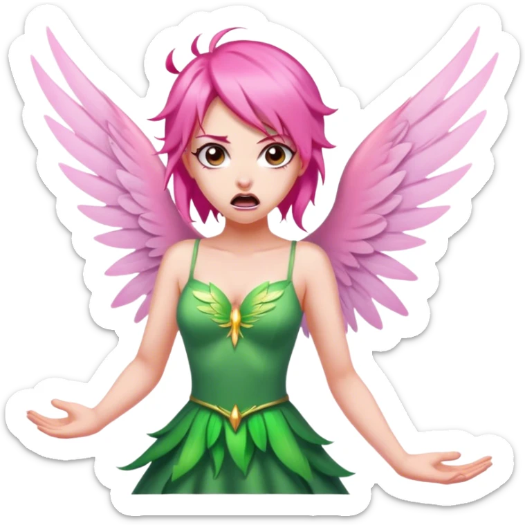 pink hair, pink wing fairy in green dress: anger sticker